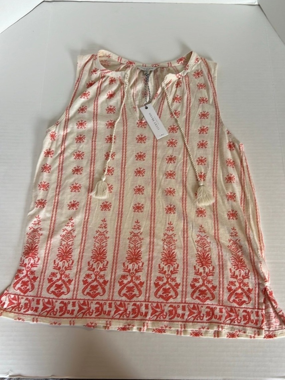 ~NWT~Women’s Lucky Brand Cream and Coral Sleeveless Embroidered Tie-Neck Top~